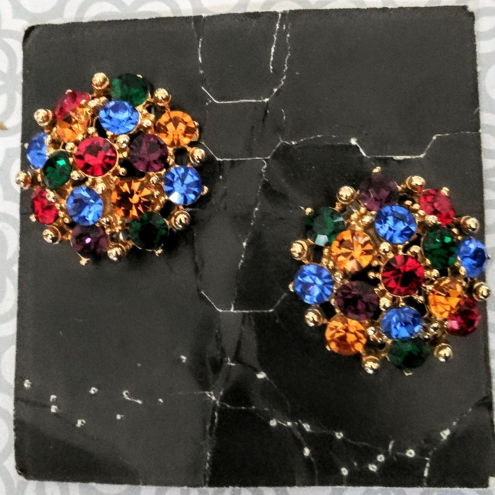 CLIP ON FOR SHOES, BY SG D'OR, MULTICOLOR DAZZLING CRYSTALS & GOLD 1.5"